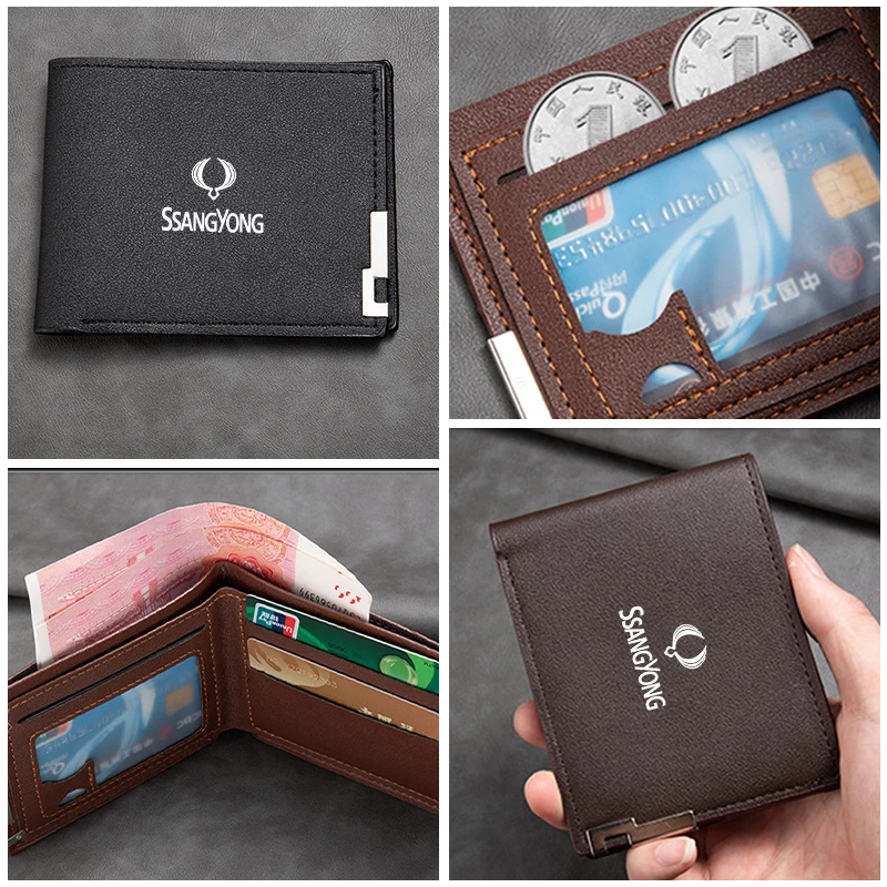 Car Men's Short Wallet Multifunctional Coin Purse Card Holder Bags For SsangYong Actyon Korando Rexton Kyron Turismo Nomad