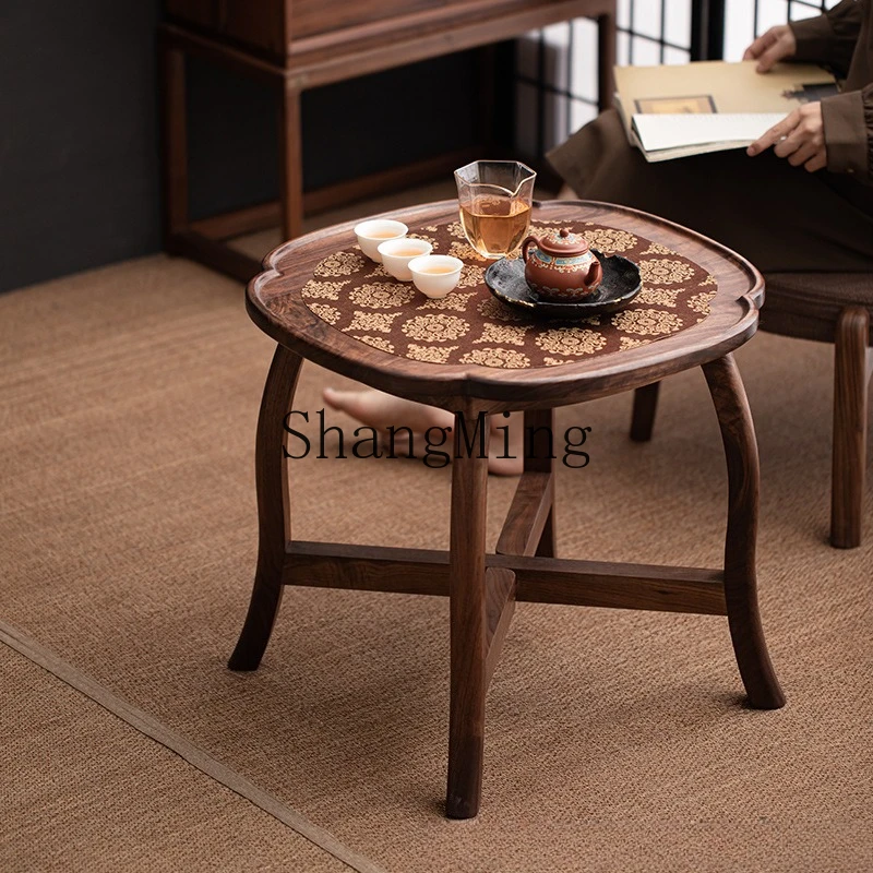 

SM walnut round table foldable balcony bay window tea table living room outdoor portable coffee table