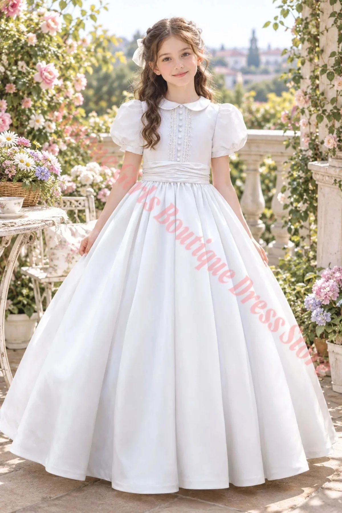 Großhandel Elegantes Taufkleid aus Satin, flauschiges A-Linien-Blumenmädchenkleid für kleine Prinzessinnen, Hochzeit, Geburtstag, Erstkommunion, Ballkleider – Detail 6
