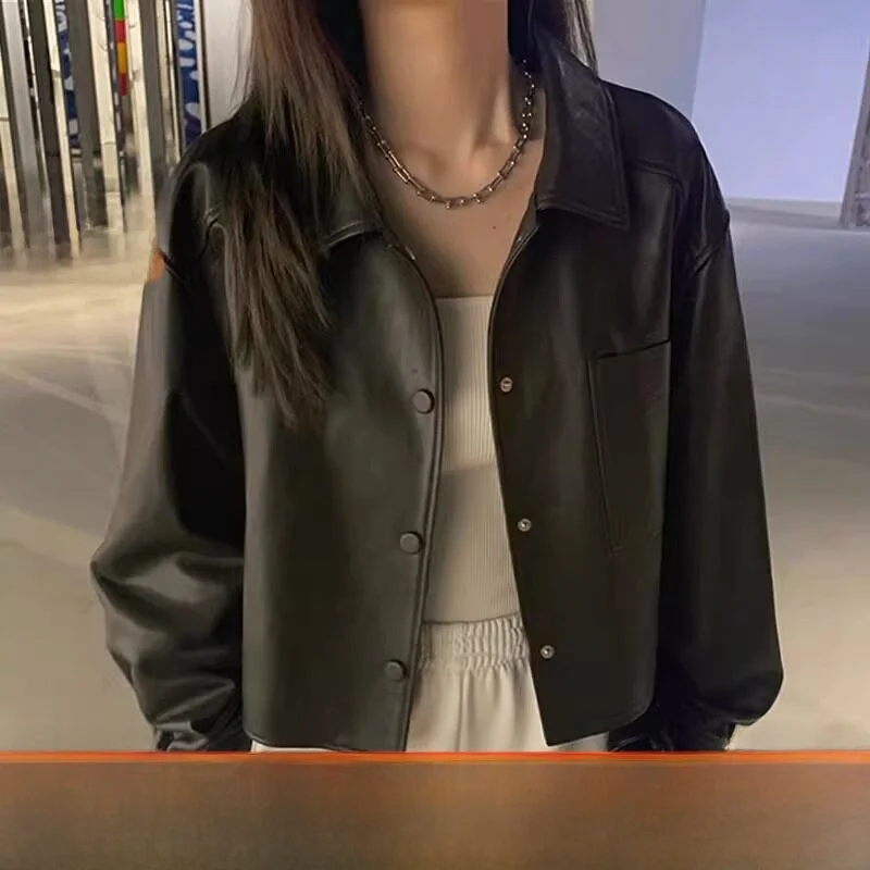 

Sli ort PU Leather Jaet Women's Faion Spring Autumn Winter Motorcycle Coat New Trend D-Li Xin Bule Commute Sle