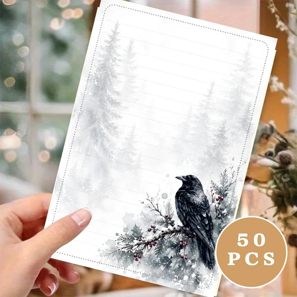 50 Sheets, Ink Wash Crow-themed Writing Paper, Lined, Glue-free, Perfect For Notebooks, Memos, And Stickers
