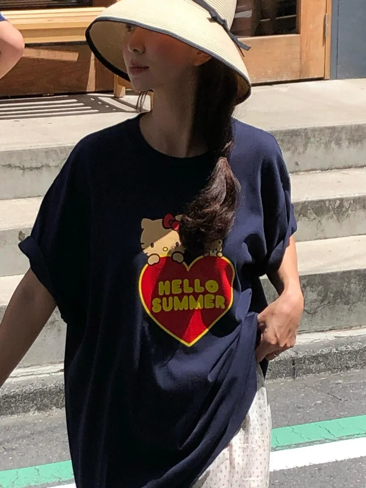 

Comfortable Cotton ort Sve T-irt Women's Casual Sle Heart Kit Cartoon Print Loose Fit Summer Top round Ne