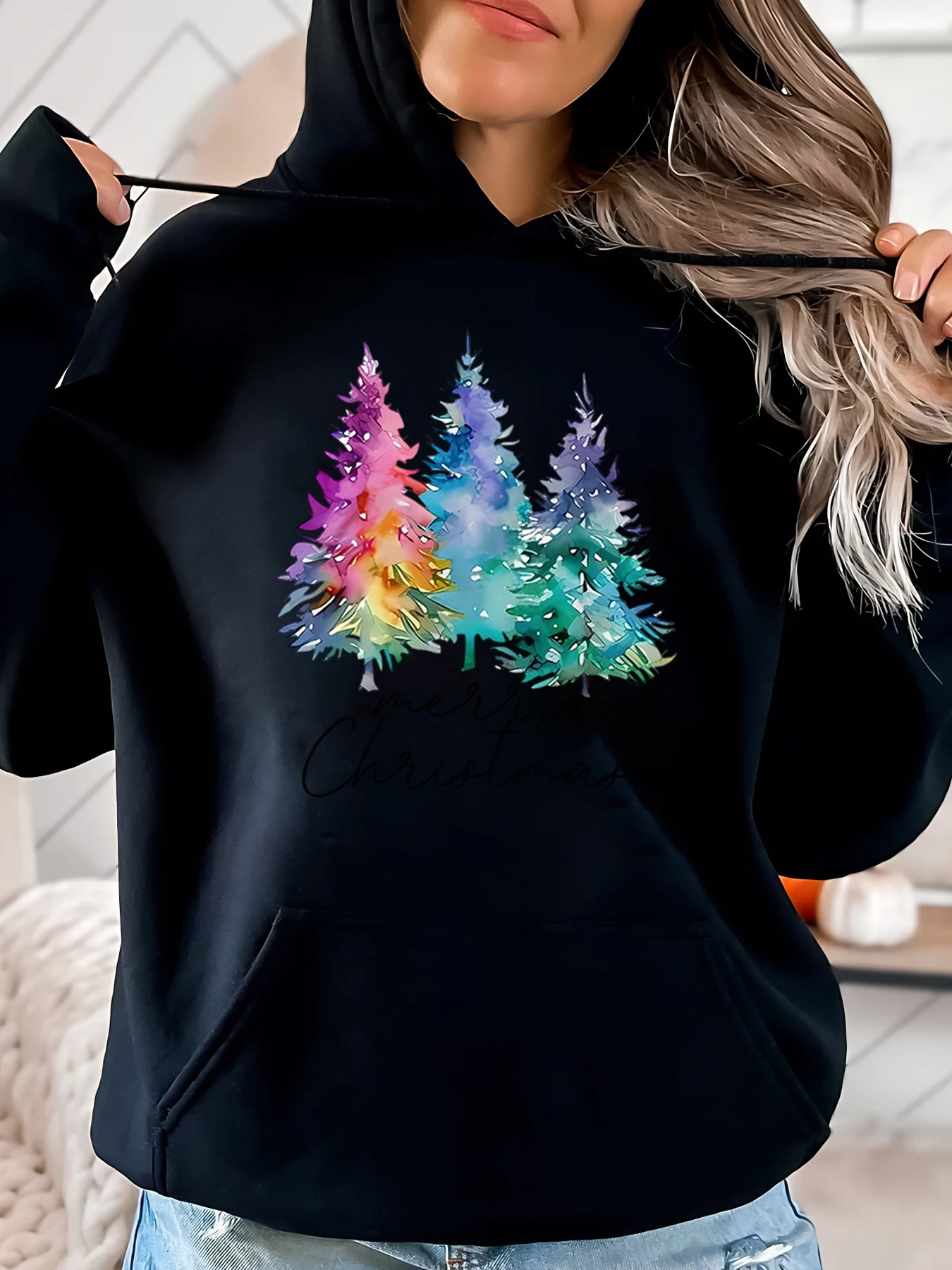 Kleurrijke kerstbomen vrolijk kerstfeest print hoodie dames winter vakantie vrijetijdskleding zwart plus-size
