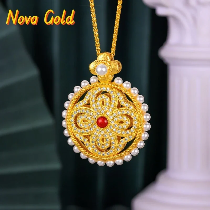 

Новое ожерелье NovaGlod 2025 в стиле Seiko Palace 9999 из 24-каратного золота с инкрустацией жемчугом и полым диском в форме четырехлистного цветка