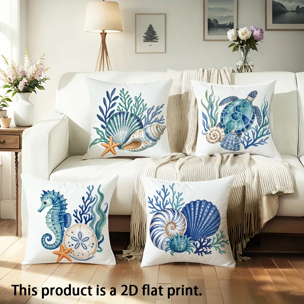 1pc  Coastal Ocean Throw Pillow Covers, Nautical Sea Turtle Seahorse Shell Decorative Pillowcases for Home Sofa Bedroom