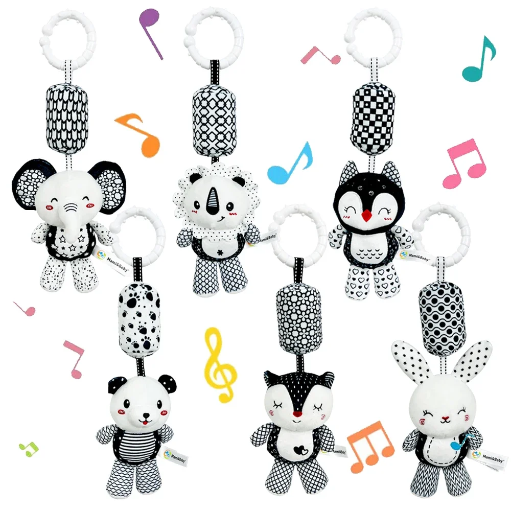 Sonajeros infantiles para recién nacido, cochecito blanco y negro, cama, cuna, campana colgante, juguetes de entrenamiento de capacidad de agarre Visual de felpa para regalo de bebé