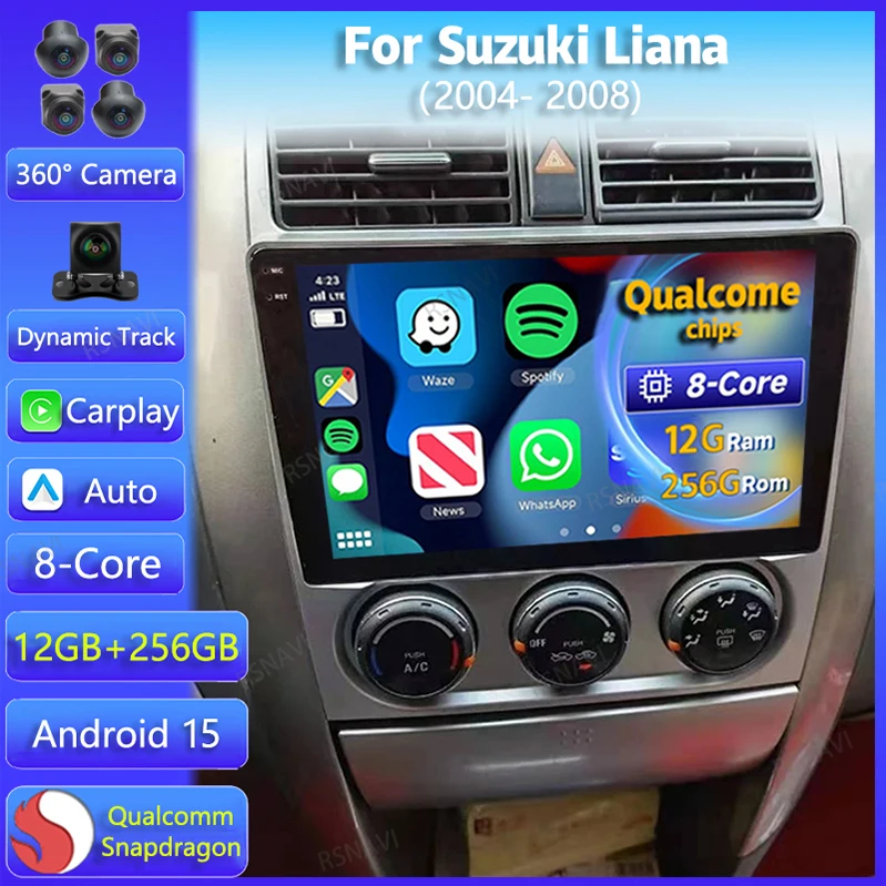 Android 15 Carplay Auto WIFI+4G Car Radio For Suzuki Liana 2004 - 2008 Multimedia GPS Player Stereo Head Unit BT 360 Camera DSP
