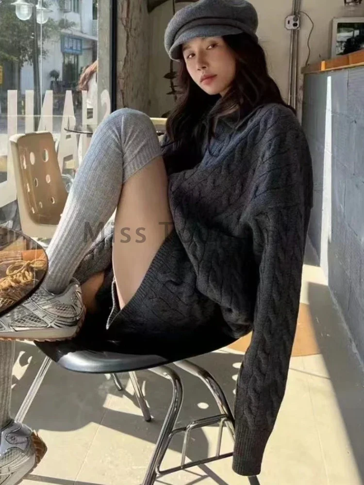 Autumn Knit Sweater Loose Casual 2 Piece Sets Woman Polo Neck Design Pullover + Soild Chic Short Pant Female Korea Style Clothes