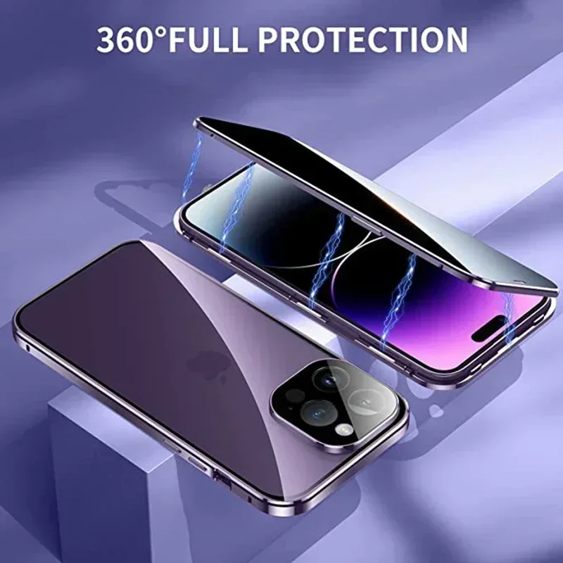 

360 Full Protection Double Sided Buckle Glass Cover For iPhone 16 15 14 13 12 11 Pro MaxAnti Peeping Privacy Metal Magnetic Case