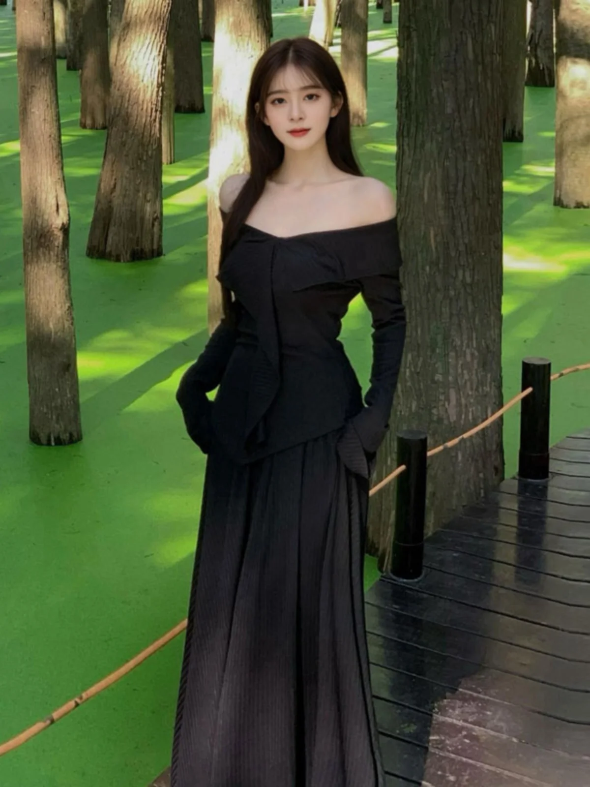 

Элегантный весенний комплект из двух предметов: топ на одно плечо и полуюбка в корейском стиле, премиум-класса, из хлопка, с длинными рукавами, для зимы