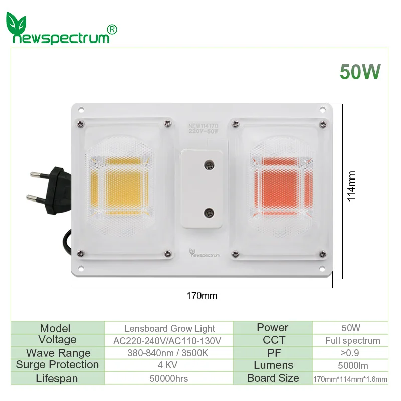 Full Spectrum LED COB Grow Lights AC 120V 220V 230V 50W Lens Board Switch Control for Horticultural Indoor Plants Growth Lamp