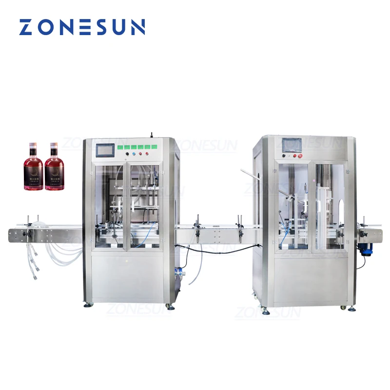 ZONESUN Automatic 6 Head Essential Oil Bottle Filling And Cork Pressing Capping Machine With Dust Cover Wine Production Line