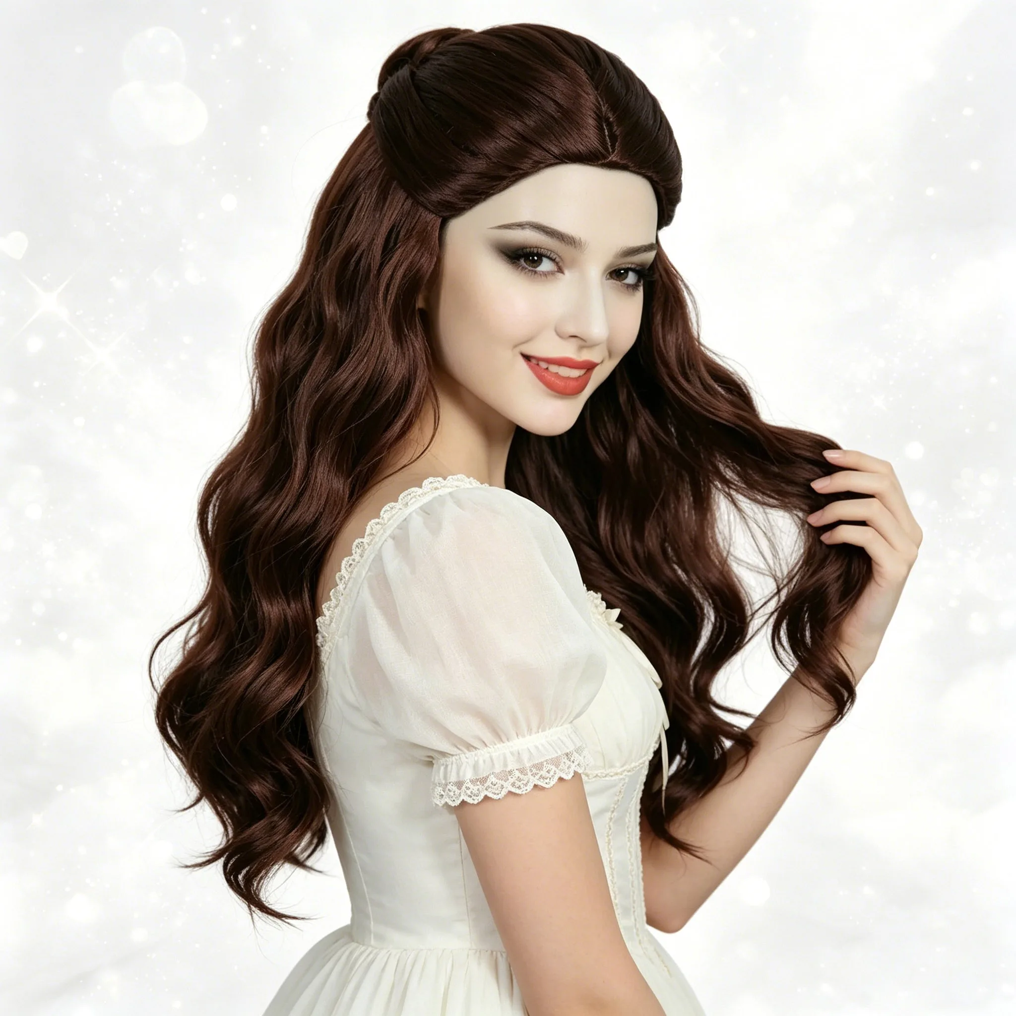 

Synthetic Dark Brown Half Up Long Wavy Curly Wig Retro Elegant Princess Hairstyle Wave Full Head Wig For Women