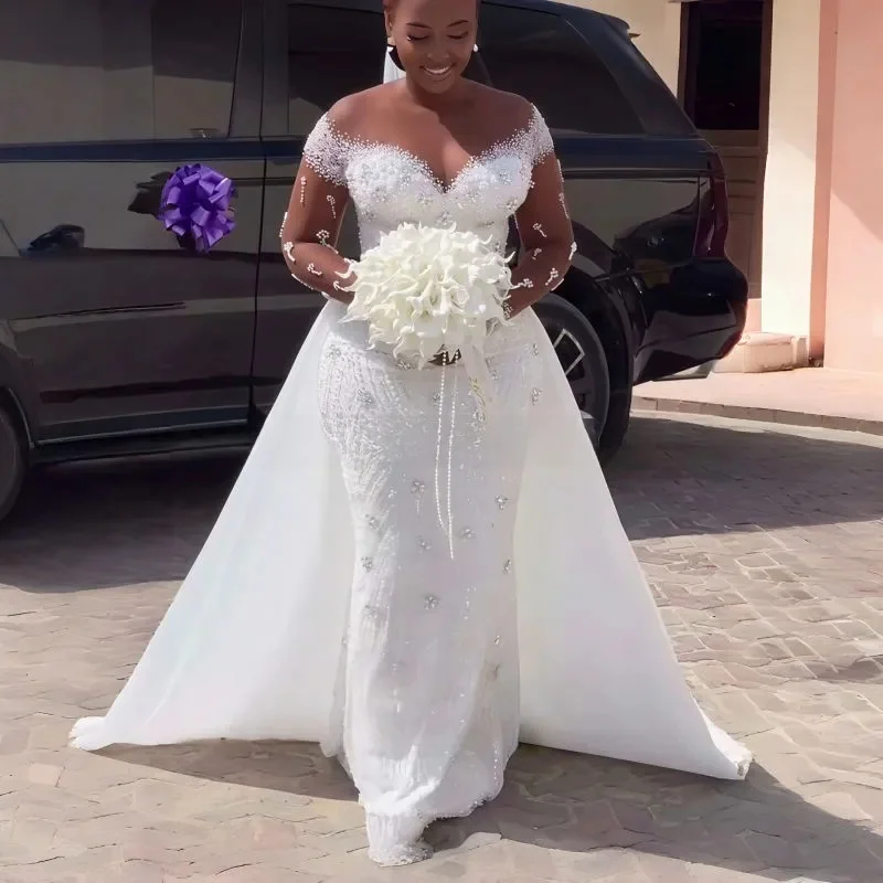 Customized Sheer Neck Fully Beads Crystals Wedding Dress with Removable Skirt Robe De Mariée  Long Sleeves Elegant  Bridal Gown