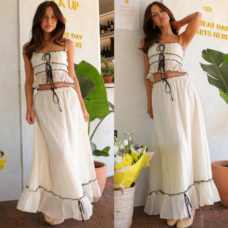 Women's Sexy French Style 2Piece Set Chic Ruffled Crop Cami Top Matching Maxi Skirt Perfect For Summer Vacation Beach＆Daily Wear