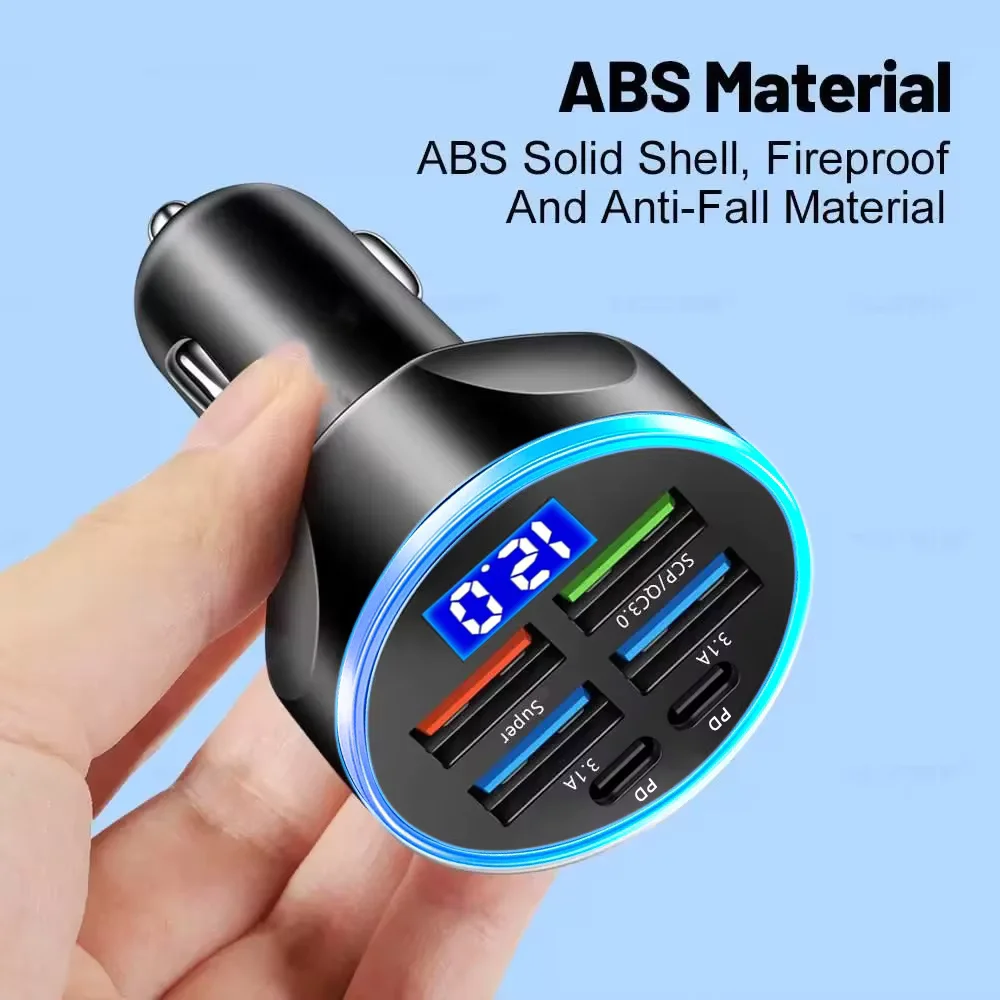 250WPD Car Charger with Digital Display QC3.0 Fast Charge 5-Port One to Six Car Cigarette Lighter Plug Flash Charge for Vehicles