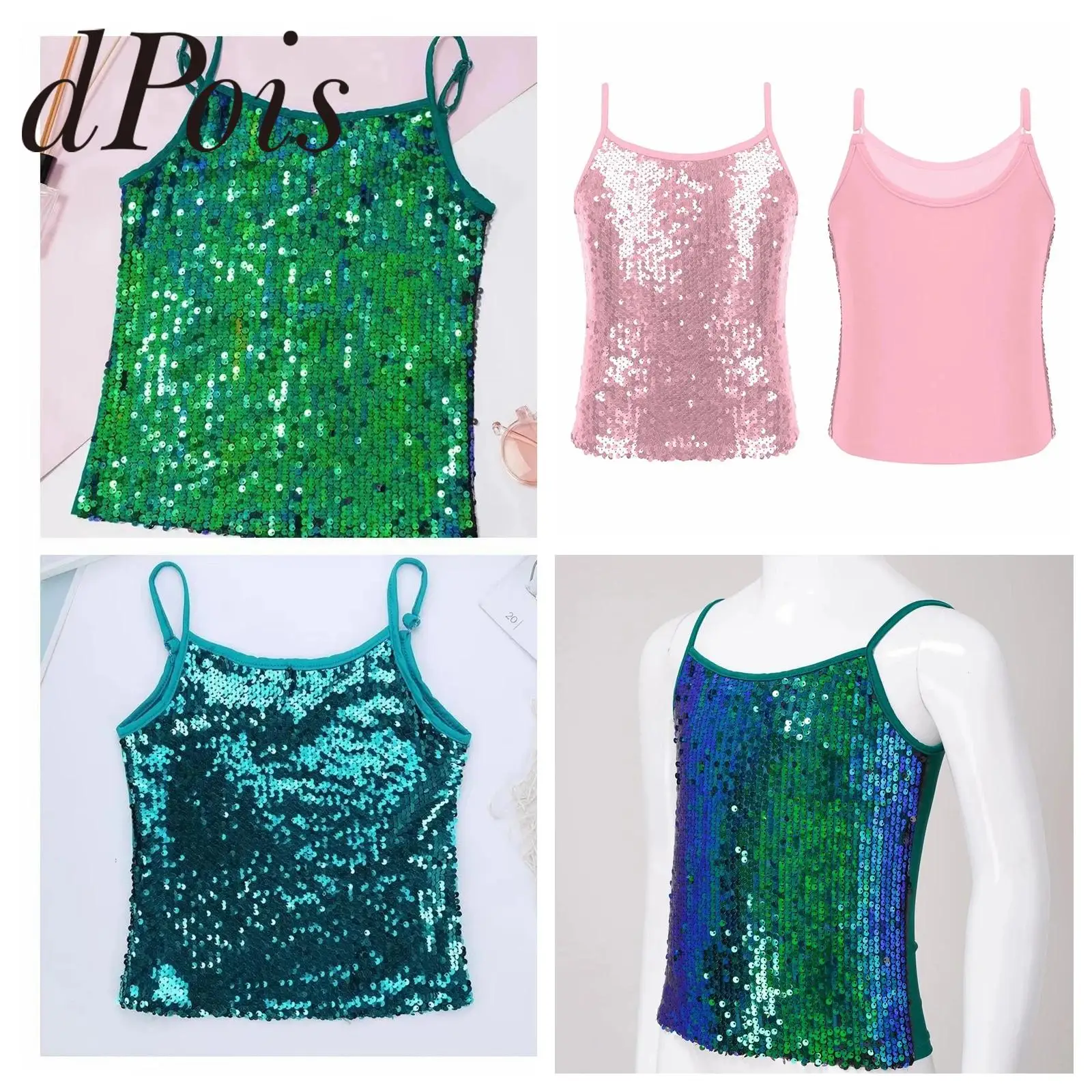 

Kids Sparkly Top for Girls Spaghetti Straps Jazz Dance Costume Sequined Tank Top Camis Vest Dancing Stage Performance Streetwear
