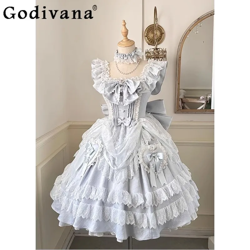 

Blue Sweet Girl Lolita Dress Princess Sleeveless Bow Design Birthday Party Dress Women's Japanese Gorgeous Banquet Dress