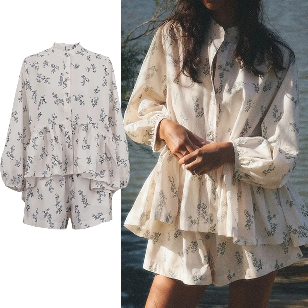 

DriftWear 2025 French Style 2pcs Set Puff Sleeve Blouse & Printed Shorts High Neck Ruffle Trim Elegant Coords for Spring Summer