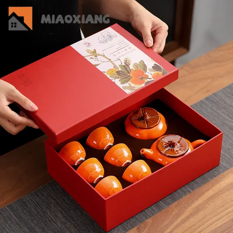 

Persimmon Tea Set Gift Box Set Ceramic Tea Can Wedding Candy Sealed Can Creative Small Gift with Hand Tea Cups and Saucer Sets