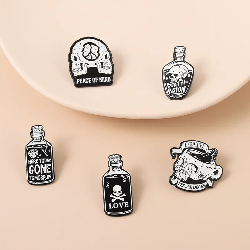 Punk Skeleton Enamel Pins Custom Black White Skull Potions Brooch Lapel Badge Cool Gothic Jewelry Gift for Friends Drop Shipping