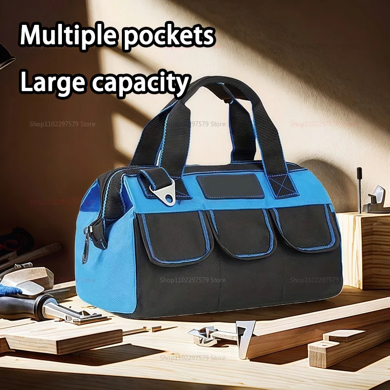 1pc Canvas Tool Bag - Multi-Pocket Organizer for Electricians/Workshop | Reinforced Handles & Shoulder Strap, Black & Navy