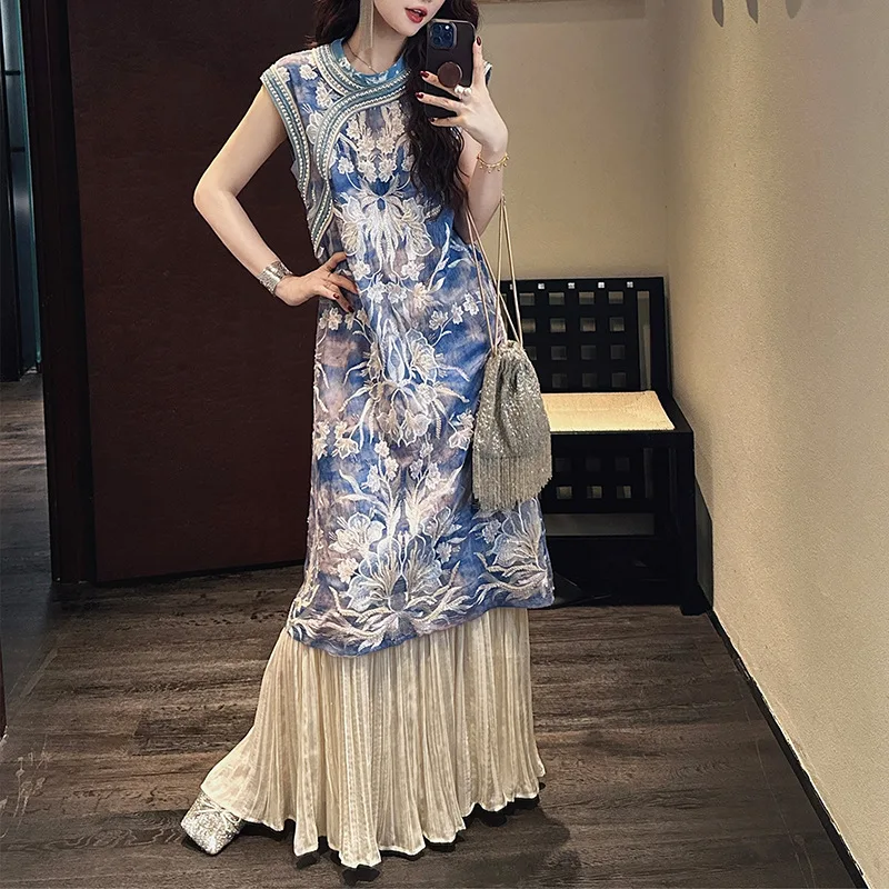 

New Embroidered Vest Cheongsam Skirt Medium Long Skirt Chinese Style Dress