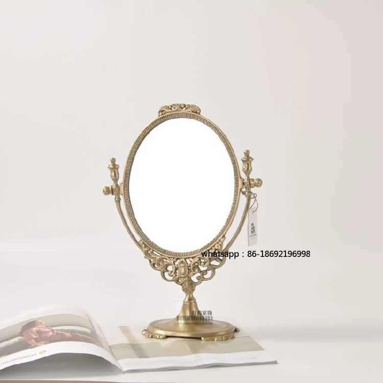 European Style Imported From India Light Luxury Pure Brass Carved High Oval Copper Mirror Dresser Makeup Mirror Princess Mirror