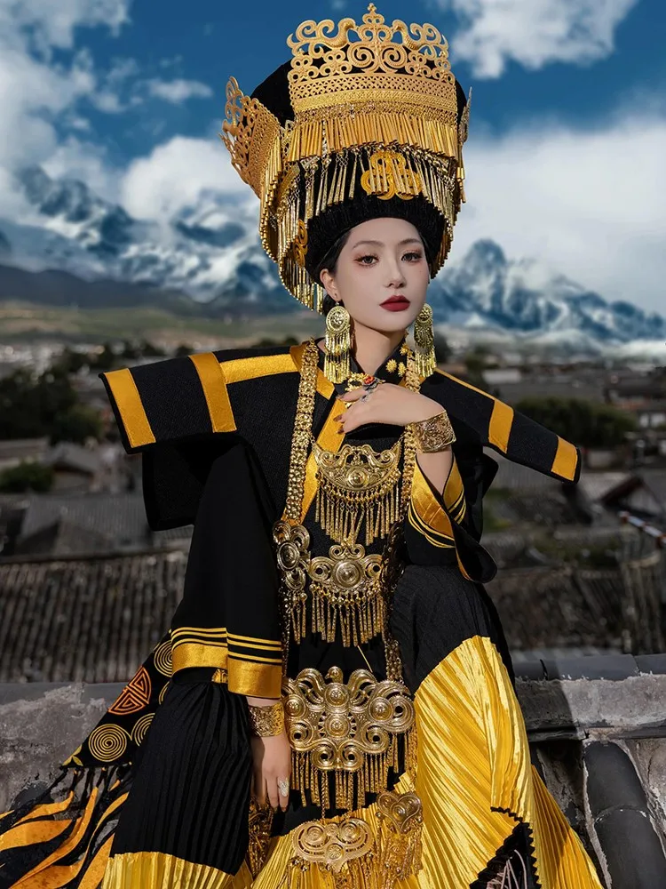 

A new photo shoot featuring ribbon shawl hat necklace and suit for woman in full dress