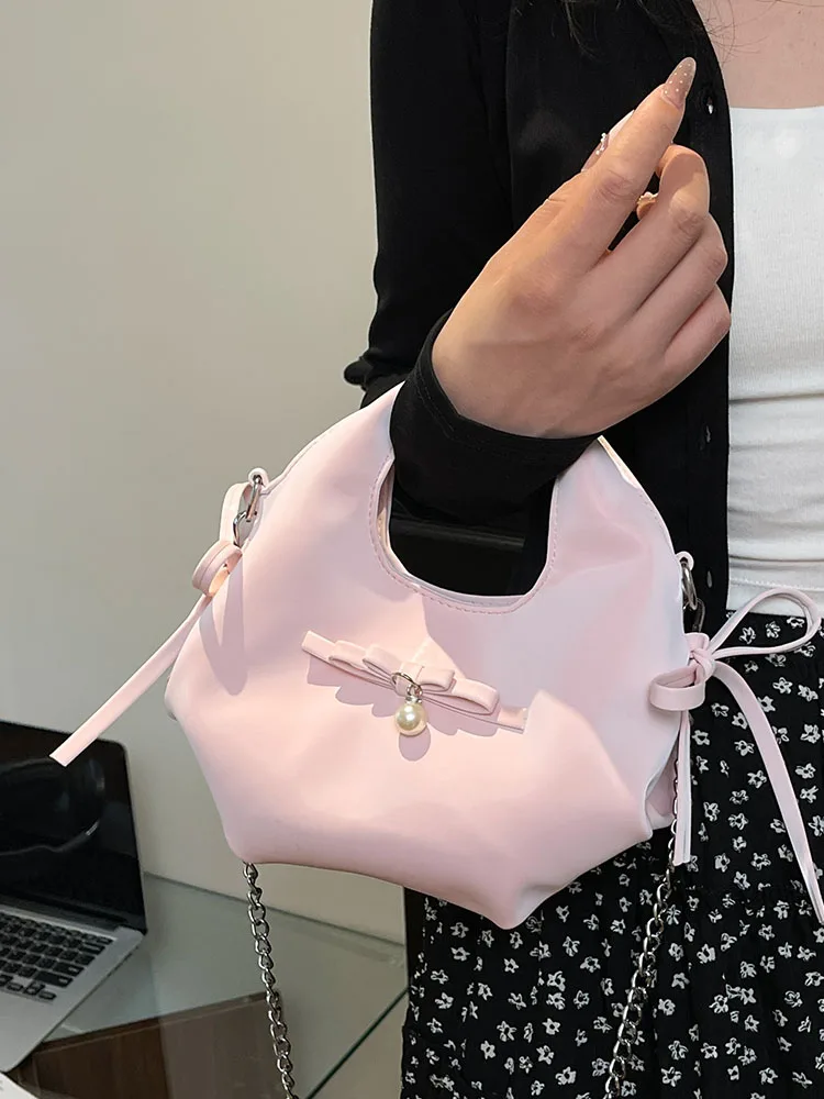 

New Women's Chains Crossbody Bag 2025 Summer Fashion Bow Decoration Solid Color Handbags Female Casual Daily Shoulder Bags