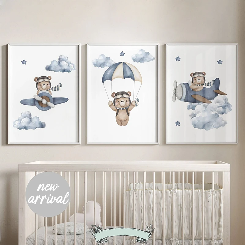 Cute Teddy Bear Space Travelling Balloon Nursery Wall Art Posters and Prints Canvas Paintings for Baby Kids Boys Bedroom Decor