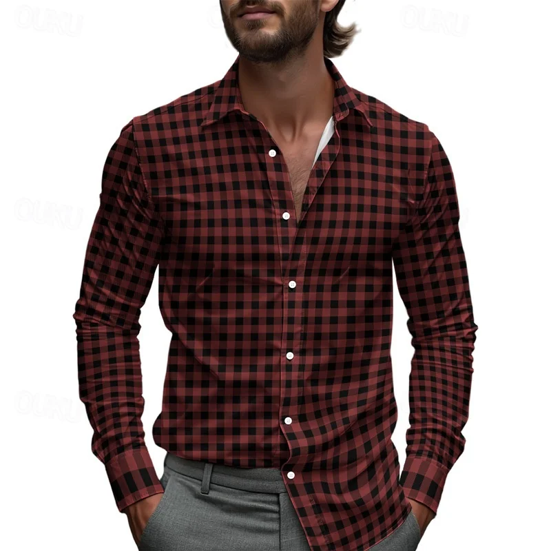 Men's Black and White Gingham Long-Sleeved Shirt, Classic Checkered Collar Shirt, Versatile Business Casual Men's Top
