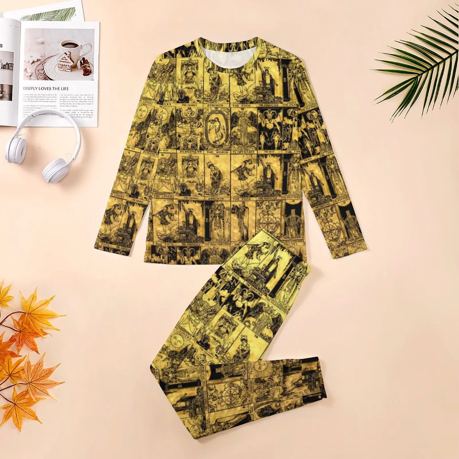 Gold And Black Tarot Pajamas Long Sleeve Major Arcana 2 Pieces Casual Pajama Sets Spring Men Print Lovely Oversized Sleepwear