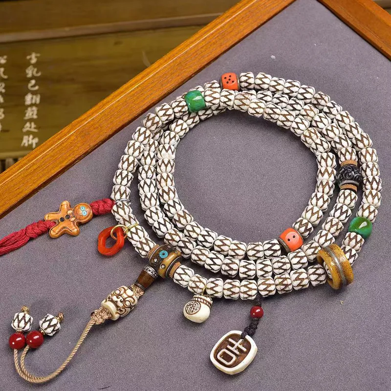 - returned -carved necklace with 108 Buddha beads, Tibetan-style cultural artifact, made of old bone and turquoi