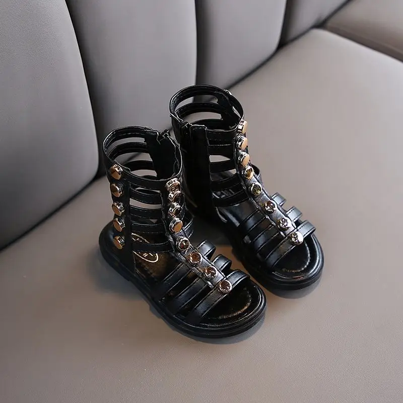 Girls Roman Sandals 2024 Summer New Children's Korean Version Hollow Fashion Little Girl Princess High-top Sandals