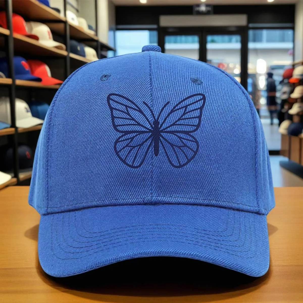 Adjustable Baseball Cap with Butterfly & Navy Stitch Design, 6-Panel Round Visor, Hook-and-Loop Closure, Suitable for,, Graduati