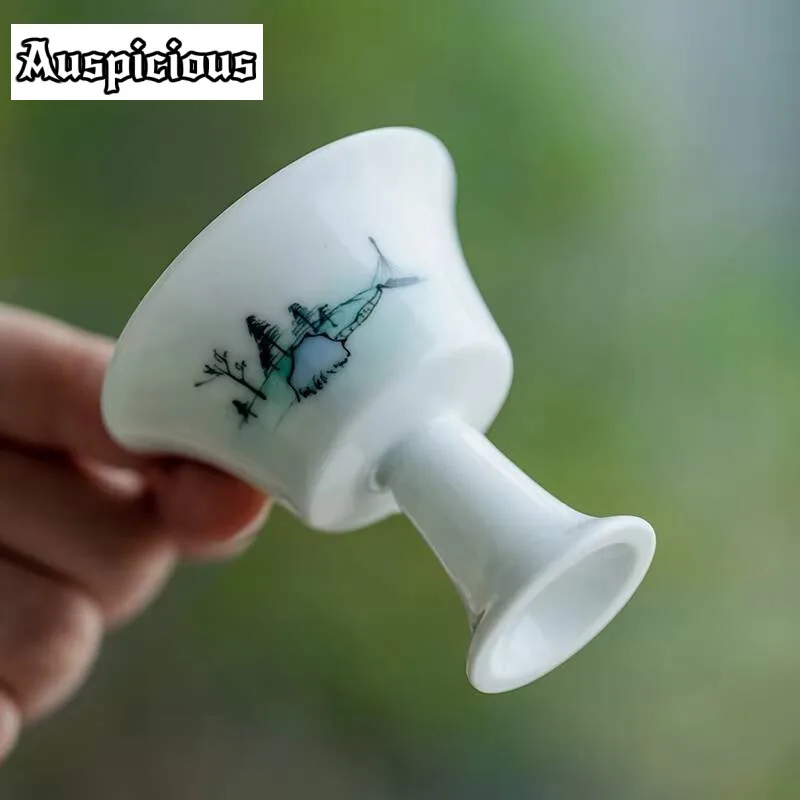 2pc/lot Pure Hand-painted Landscape High Foot Tea Cup Kung Fu Tea Master Cup Misty Blue Wihte Porcelain Teacup Drinkware 25ml