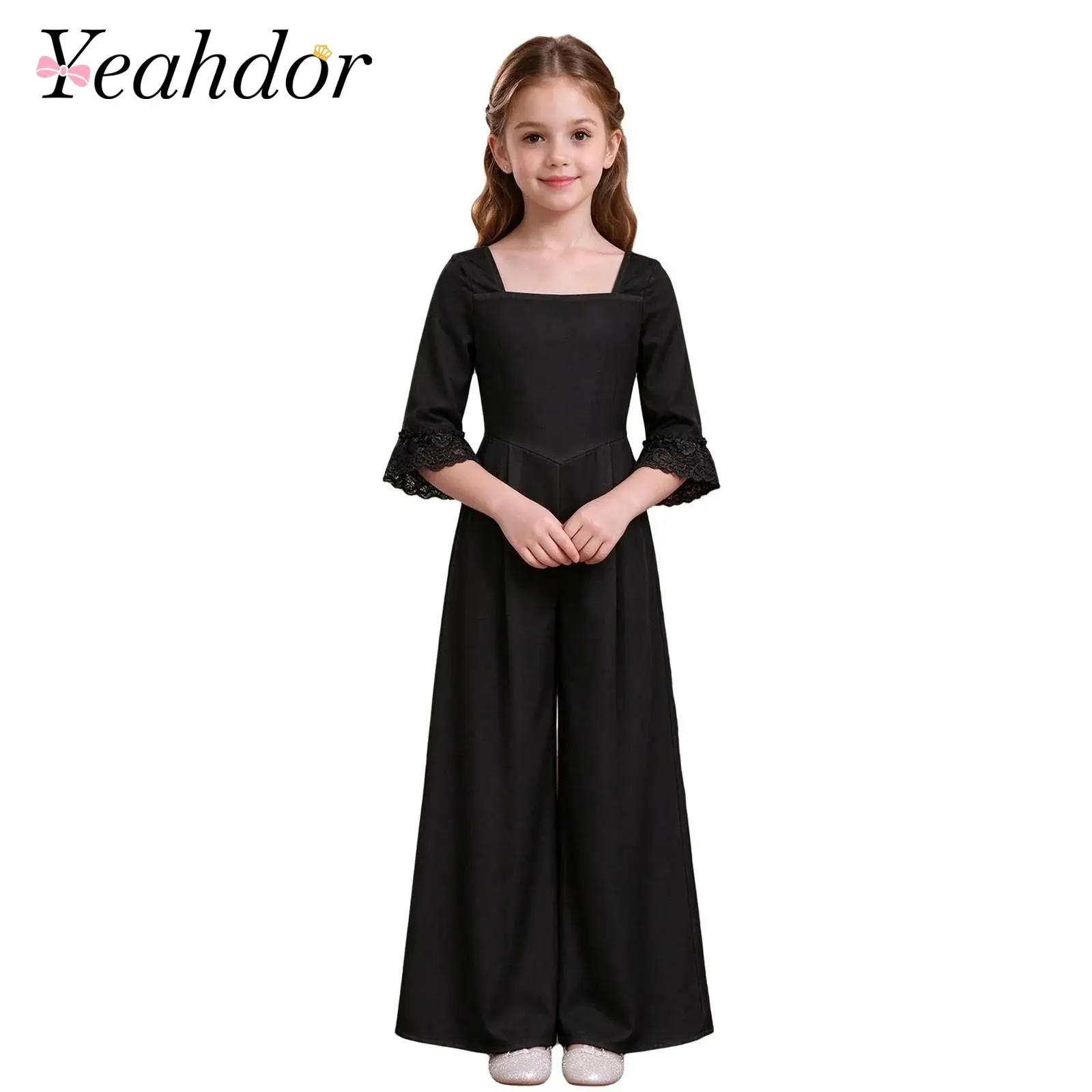 Kids Girls Elegant Jumpsuit Lace Trim Sleeves Square Collar Wide-leg Romper for Wedding Banquet Ceremony Formal Occassions