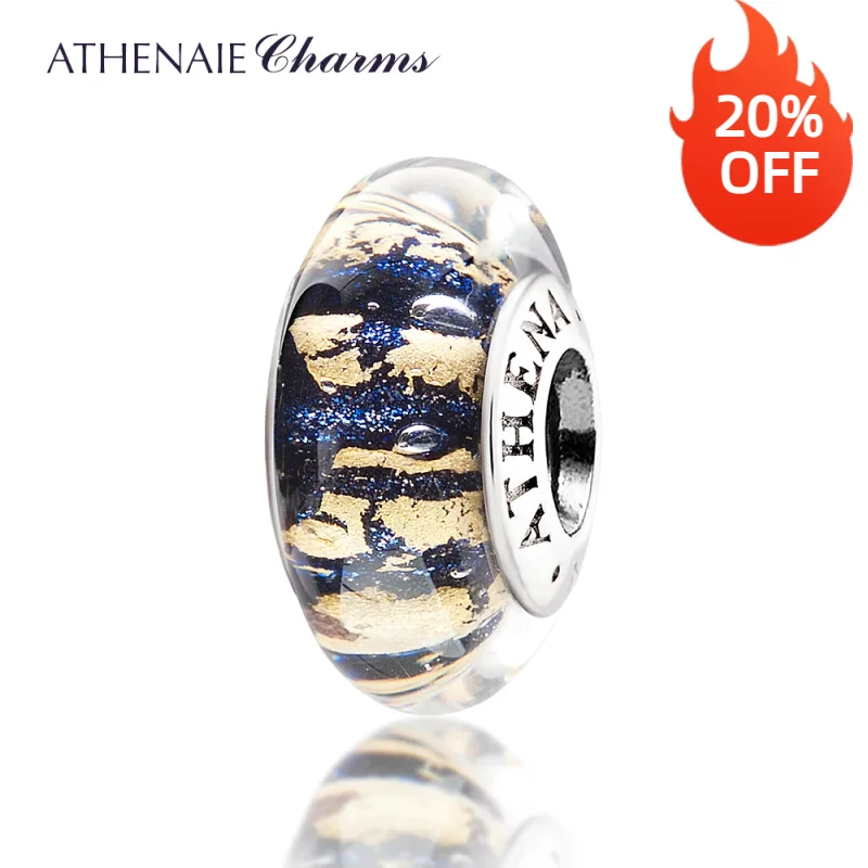 ATHENAIE Genuine Murano Glass Beads 925 Silver Core Dark Blue Sand with Gold Foil Charm Bead Fit All European Bracelets Necklace