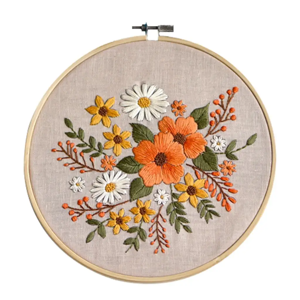 Pre-printed Full Range of Floral Cross Stitch Needle Embroidery Starter Kit Hoop