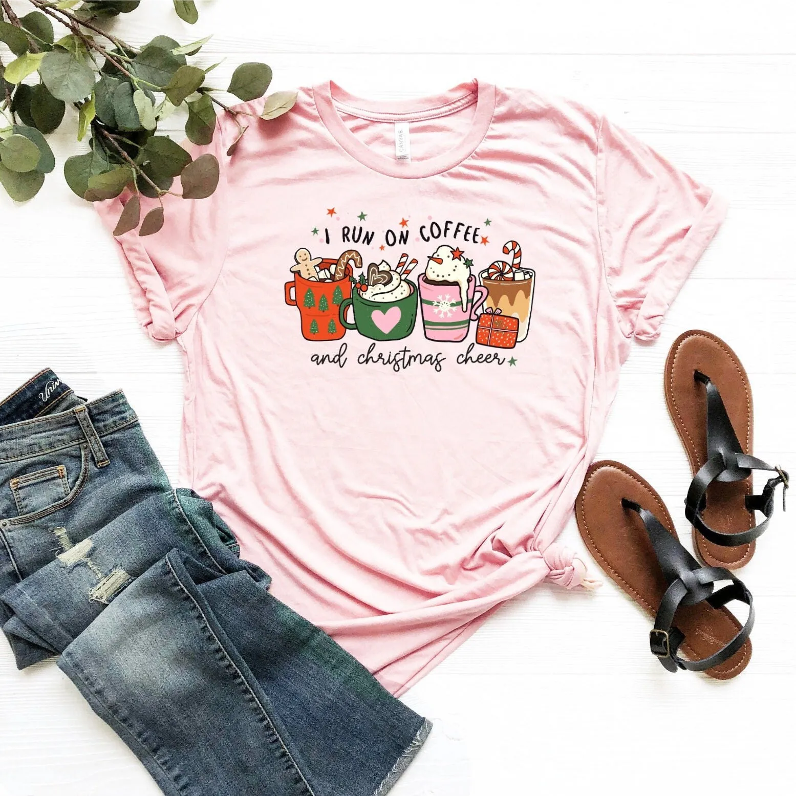 Run On Coffee And Christmas Cheer T Shirt Latte Funny Drink Xmas