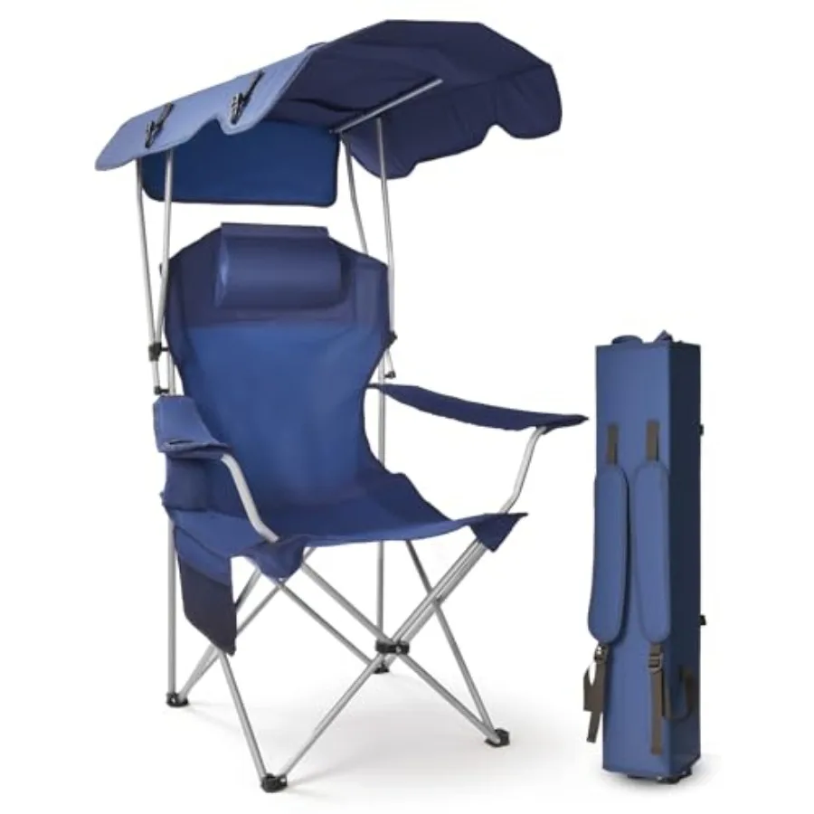 

Camping Chair with Canopy 25'' High Back Folding Beach Chair with Canopy Shade Removable Headrest Cup Holder Side Pocket 330 lb