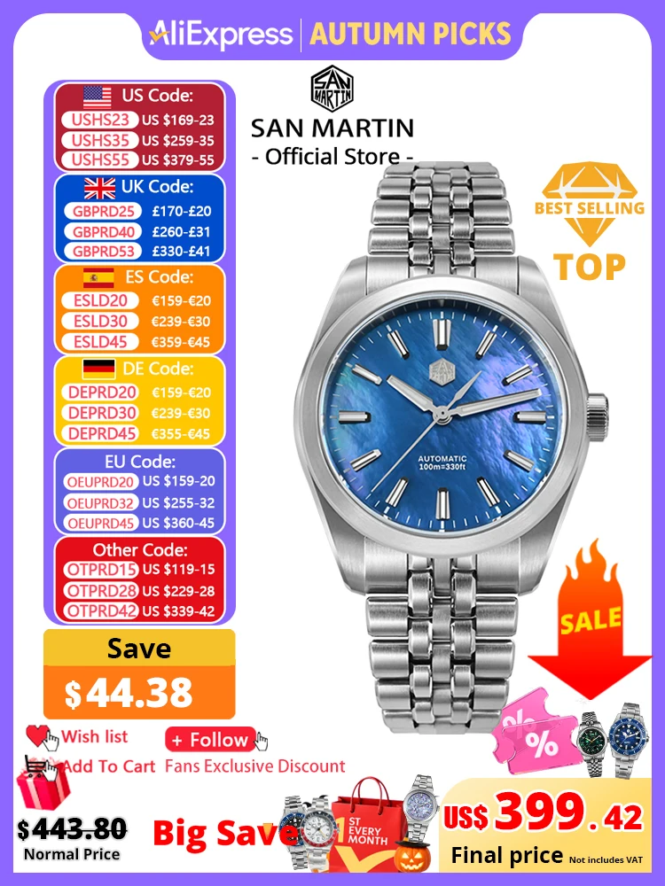 San Martin 39mm MOP Dial Sport Gada Watch Luxury Dress Men Miyota 90S5 Automatic Mechanical Wristwatch Waterproof 100m SN0144