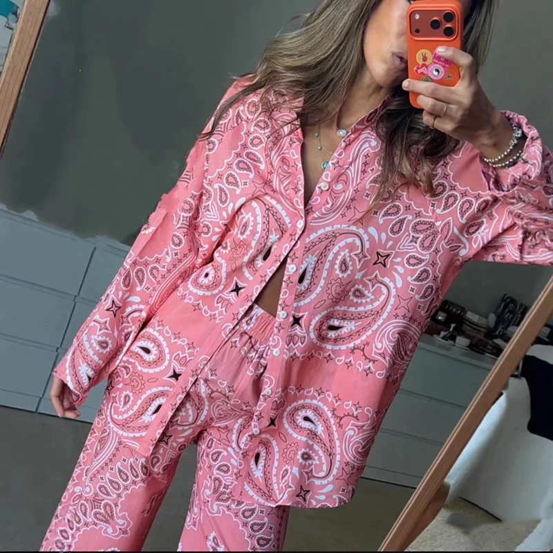 Printing Shirt Two Piece Set Full Sleeves Single Breasted Blouse Pants Casual Vacation Outfit for Women