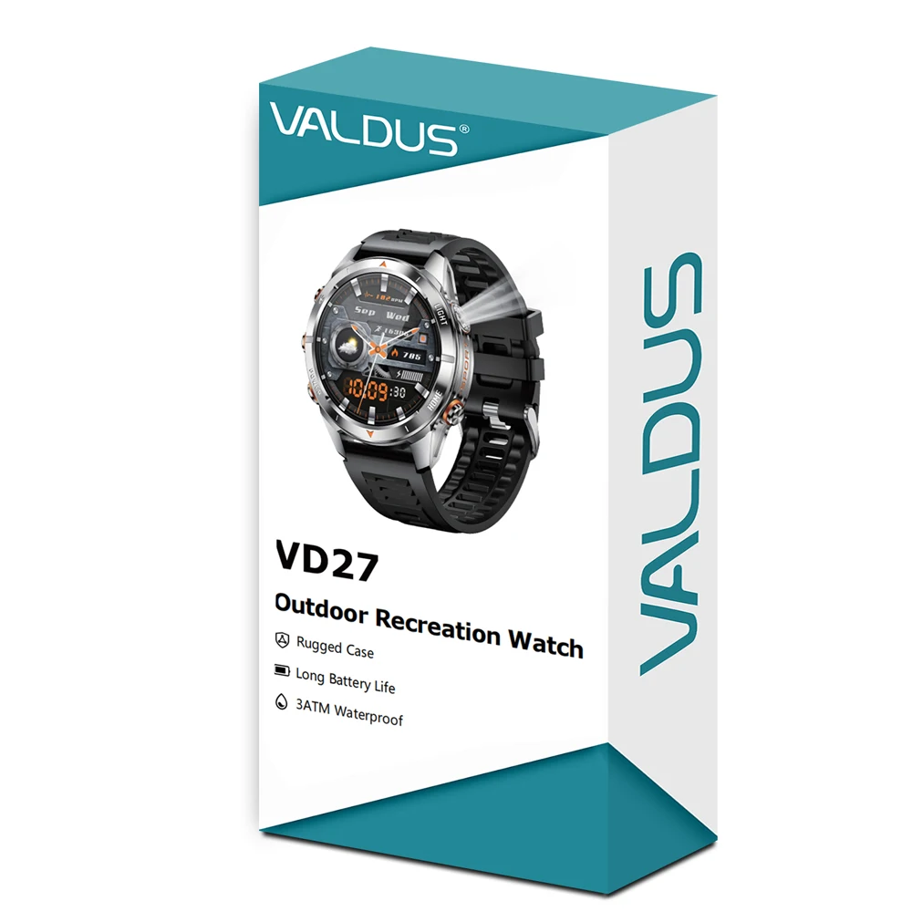 Smartwatch VALDUS VD27 dla kobiet i mężczyzn, latarka, sportowy, monitorowanie tętna, fitness, wodoodporny, połączenia BT, długi czas pracy na baterii, smartwatch 2025.