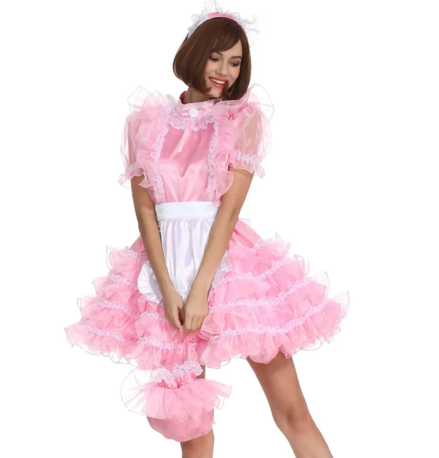 

Sissy Girl Maid High Neck Pink Satin Tassel Dress Sissy Adult Little Girl Halloween and Crossdresser Party Daily Unisex Dress