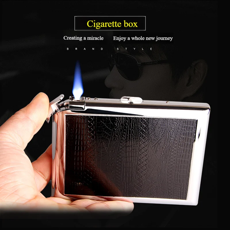 (20 cigarettes) Black Leather Metal Cigarette Case Box With Inflatable Butane Gas Lighter Standard Thick Cigarette Accessories