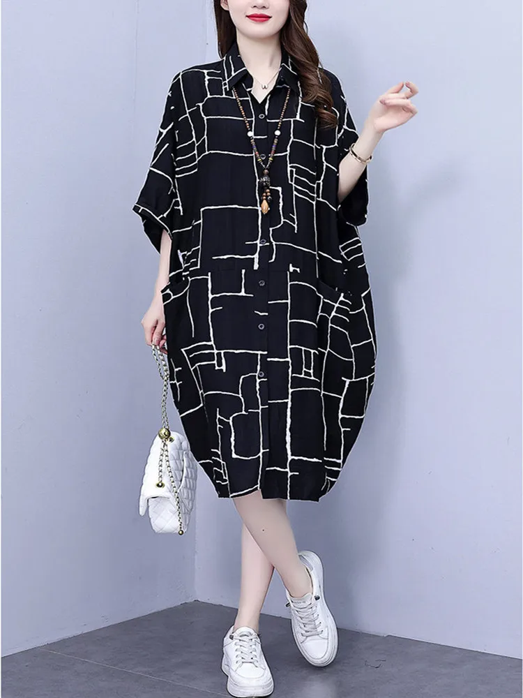 Oversized loose fitting cardigan POLO collar shirt skirt 2023 summer new Korean version chubby MM covered mid length dress