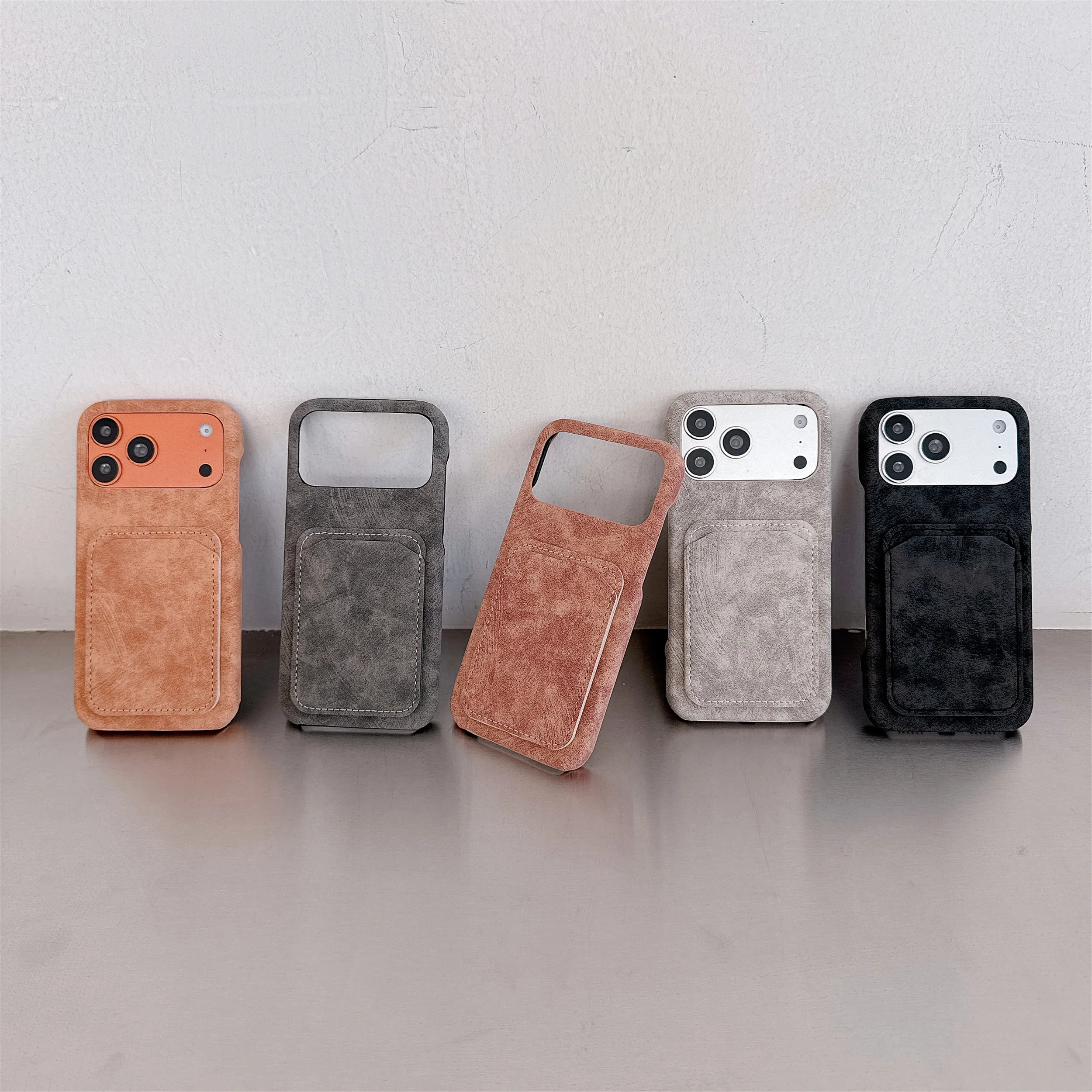 Retro Card Holder Slot Faux Leather Suede Case For iPhone 17 Air 16 15 14 13 12 11 Pro Max Plus Matte Frameless Bumper Cover view 6