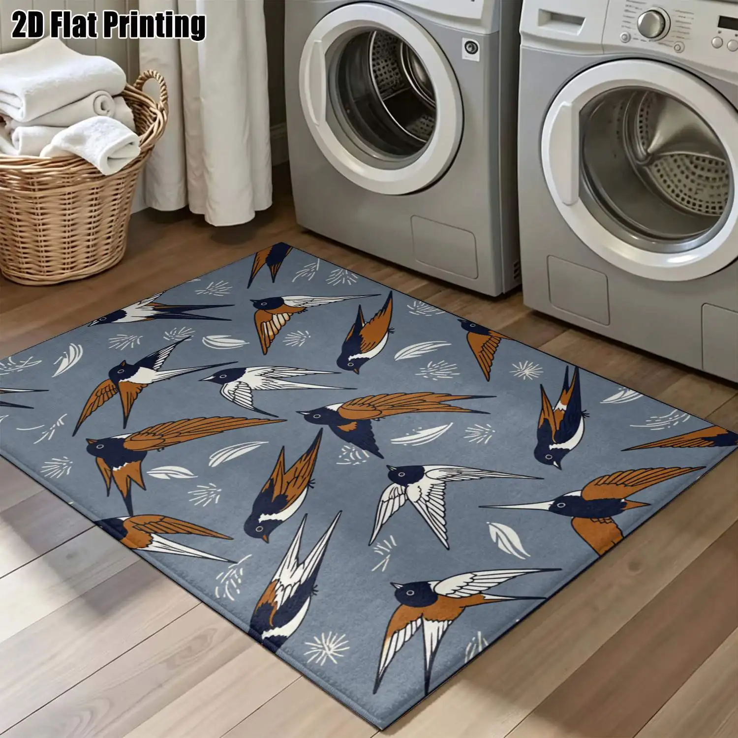 1Pc 2D Printed Nordic Carpet, Gray Background with Flying Swallow Pattern, Machine Washable, Multi-Size, Ideal for Home Decor & Various Spaces